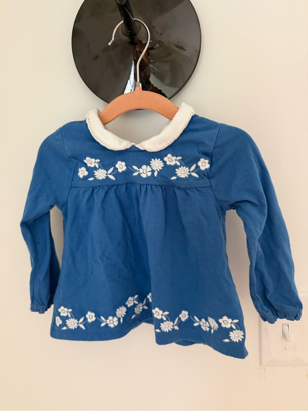 Baby Boden Blue Long-Sleeve Floral Embroidered Peter Pan Top